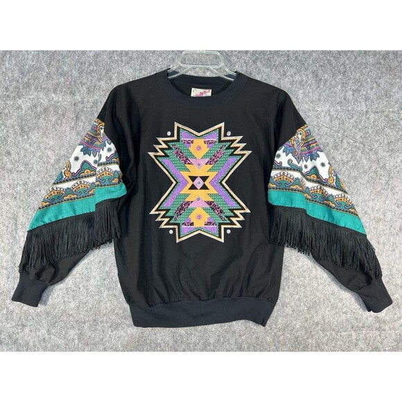 Vintage HAZELWOOD SOUTHWESTERN Fashion Aztec Shirt 90's Fringe Beaded Size M - Picture 1 of 11